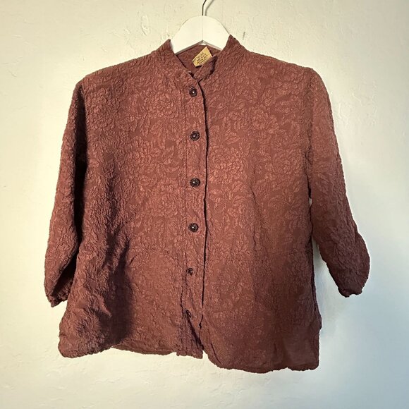 URU Womens Textured Floral Pattern Silk Button-Up Shirt Jacket Maroon 3/4 Sleeve - Picture 1 of 8